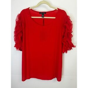 A Love Story Womens Red Chiffon Ruffle Puff Sleeve Scoop Neck Top 2X NWT